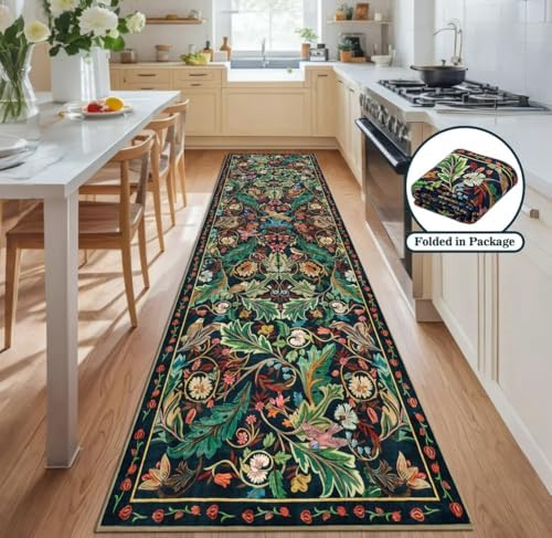 nesrt Boho Washable 3x10 Hallway Runner Rugs, Non Slip Floral Birds Long Kitchen Runners, Soft Jungle Birds Floor Carpet for Entryway, Low Pile Decor Rug for Hall Laundry Bedroom Bathroom (Dark Green) - Image 2