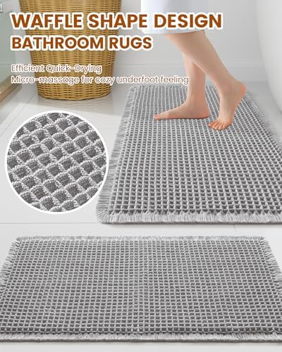 Smiry Waffle Bath Mat 30X18, Extra Soft Absorbent Bathroom Rugs, Light Grey - Image 2