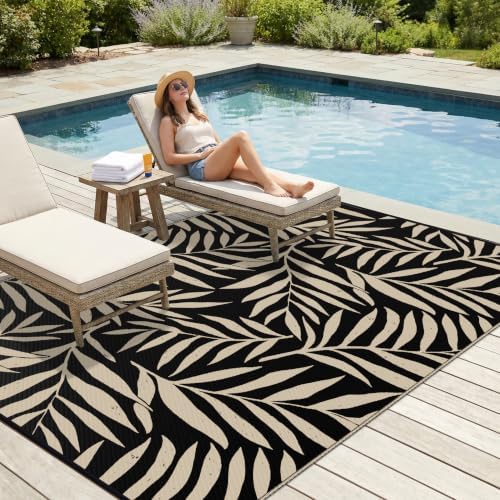 Smiry Outdoor Rug 6x9 ft Waterproof Reversible Leaf Mat, Black & Beige - Image 3