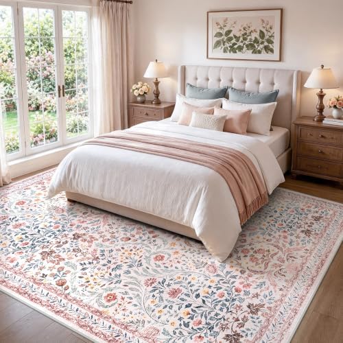 Tosuoka 8x10 Area Rugs Washable Vintage Floral Boho Pink Living Room Rug - Image 3
