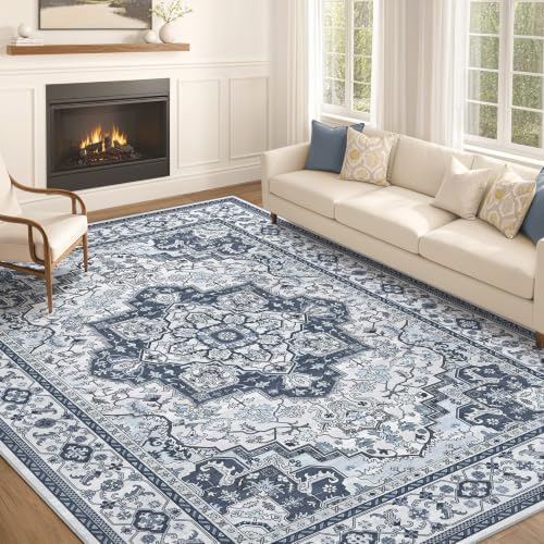 EIEIHOUSE 9x12 Area Rug Washable Vintage Rugs for Living Room Indigo by EIEIHOUSE