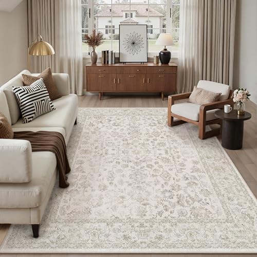 PureCozy 9x12 Beige White Area Rug Washable Non Slip Vintage Living Room by PureCozy