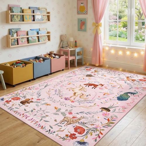 jinchan 6x9 Kids Rug Washable Playroom Rug Whimsical Unicorn, Lavender Pink - Image 3