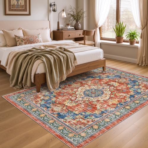 5x7 Area Rugs for Living Room, Boho Washable Non Slip Carpets, Retro Red - Image 2