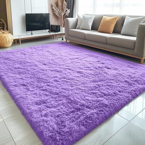 OLANLY 5x7 Machine Washable Large Area Rugs for Living Room, Bedroom, Soft Fluffy Shaggy Bedside Rug, Indoor Floor Carpet for Kids Girls and Boys, Dorms, Nursery, Home Decor Aesthetic, Purple - Image 3