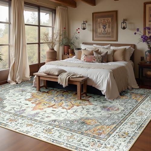 RELEANY Washable Area Rug, Large 10'x14', Beige/Carbon Grey/Orange - Image 3