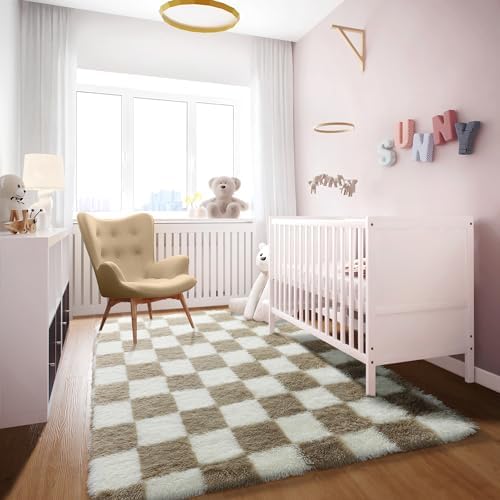KICMOR Area Rugs for Bedroom Living Room, 4x6 Fluffy Soft Beige and Cream White Checkered Rug Fuzzy Shag Shaggy Carpet, Indoor Plush Rugs for Kids Boys Girls Dorm Nursery Office Home Decor Aesthetic - Image 5