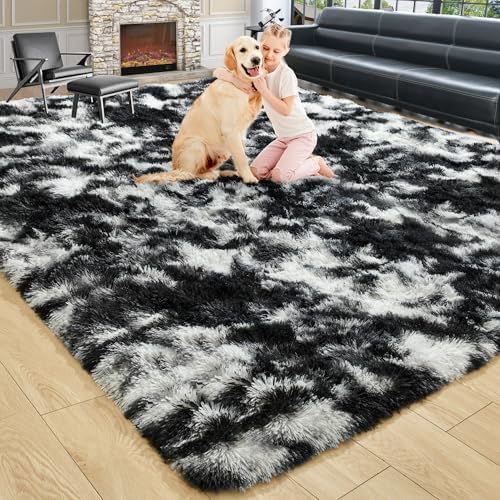 Noahas 4x6 Tie-Dyed Black and White Fluffy Area Rug Non-Slip for Bedroom by ModernHomeDecor