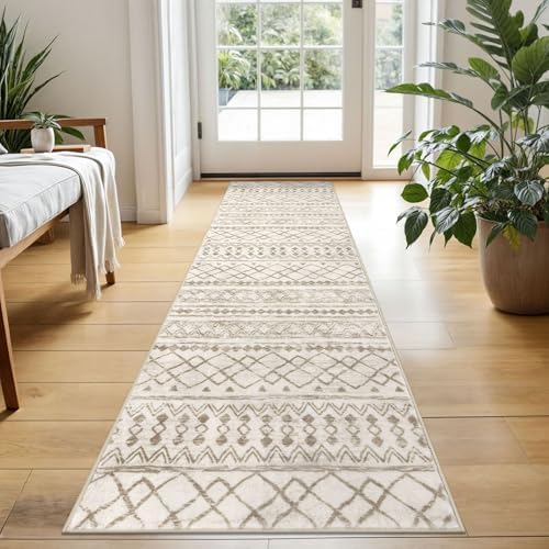 KUTA Boho Hallway Runner Rug 2x5 ft Moroccan Washable Beige Kitchen Rugs by KUTA