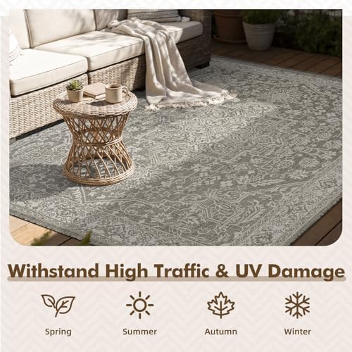 MontVoo-Outdoor Rug-Patio Rug 5x7 ft Polypropylene Indoor Outdoor Rugs Carpet for Patio Deck Balcony Porch, Textured Weave, Durable for High Traffic, Fade-Resistant, Vintage Medallion Silver Grey - Image 4