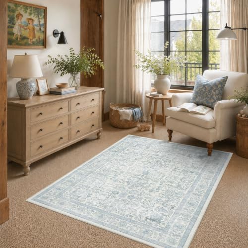 4x6 Washable Bedroom Area Rug Non-Slip Vintage Blue Throw Carpet - Image 2