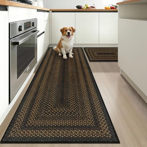 HEBE Faux Jute Kitchen Rugs Set of 2, Washable Kitchen Mats for Floor by HEBE