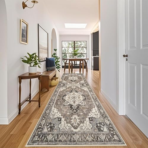Washable Kitchen Runner Rug 4x12 - Low Pile Soft Rugs for Hallway Entryway Wide Vintage Stain Resistant Carpet with Non-Slip Rubber Backing Thin Indoor Floor Mat for Living Room Bedroom (Beige,4x12) - Image 3