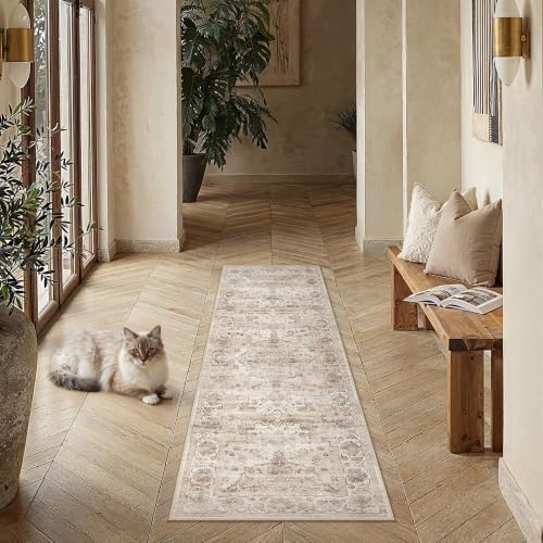 PureCozy Beige Runner Rug 2x6 Kitchen Vintage Floral Non-Slip Carpet by PureCozy