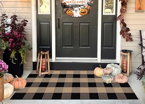 Front Porch Rug 24"x51"Black and Tan Checkered Washable Outdoor Rug by BUAGETUP
