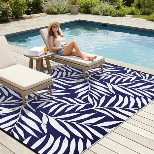 Smiry Outdoor Rug 9x12 ft Waterproof Reversible Leaf Mat, Navy & White - Image 3
