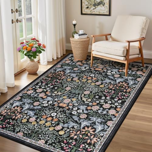 PLHXFR Area Rug Living Room: 3x5 Floral Washable Boho Carpet Dark Black - Image 4