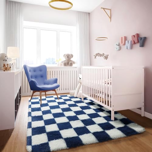 KICMOR Navy Blue and Cream White Rugs for Living Room, 4x6 Fluffy Fuzzy Shag Checkered Rug Shaggy Carpet for Bedroom, Soft Plush Area Rug for Nursery Toddler Room Classroom Study Room Kids Room - Image 5