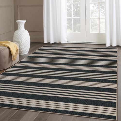 Lahome Striped Easy Jute Outdoor Patio Rug, 5x7 Area Rugs Washable Black by Lahome