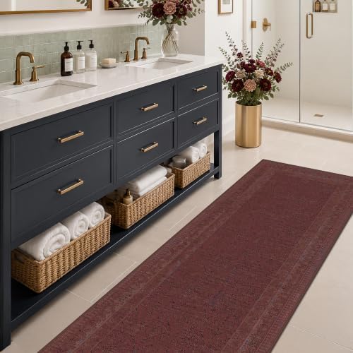 2x6 Hallway Runner Rug, Vintage Non-Slip Washable Muted Burgundy Distressed Rug for Bathroom & Kitchen, Low Pile Stain Resistant Floor Carpet, Traditional Farmhouse Décor - Image 3