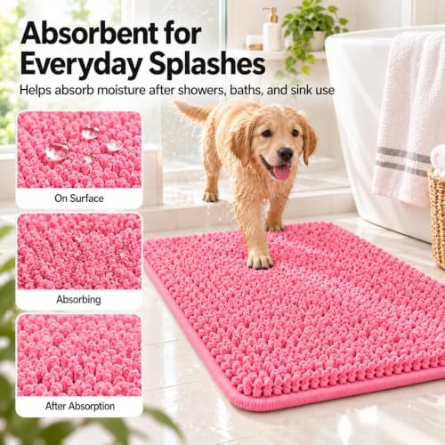 Pink Bathroom Rugs Chenille Bath Mat Set 2-Piece Bath Rugs for Bathroom Extra Soft Bath Mats for Bathoom Non Slip Absorbent Shag Bathoom Carpet - Image 6