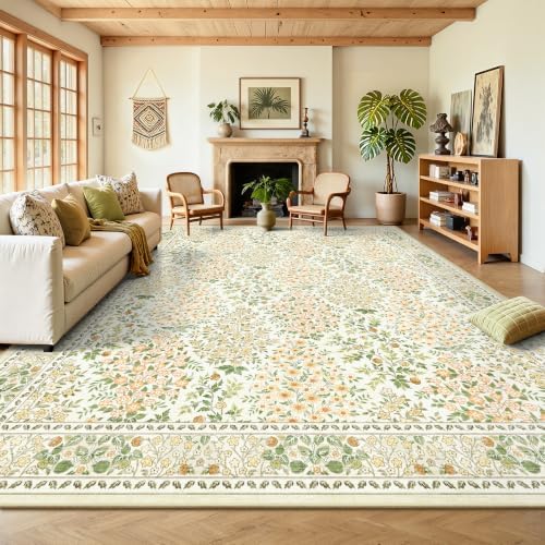 8x10 Area Rugs, Machine Washable Low Pile Floral Rugs for Living Room, Bedroom, Large Boho Area Rug with Non-Slip Backing for Dining Room (Yellow Floral) by Yarooge