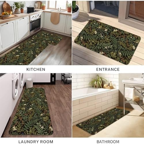 Vintage Black and Green Botanical Kitchen Rugs Sets of 2 Non Slip Washable, Fern and Leaves Kitchen Mats for Floor 2 Piece Home Decor - Image 7
