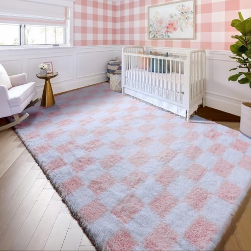 KICMOR 5x7 Area Rugs for Living Room, Fluffy Soft Light Pink and White Checkered Rug Fuzzy Shag Shaggy Carpet for Bedroom, Cute Furry Plush Rug for Teen Kids Girls Dorm Nursery Playroom Home Decor - Image 5