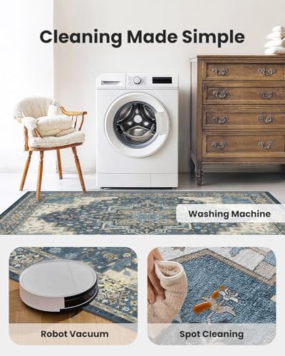 Amada Vintage Washable Area Rug,9'x12',Navy Blue/Beige - Image 5