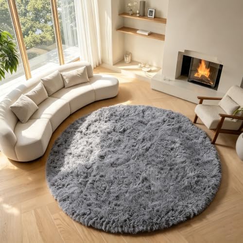 ONASAR Grey Round Rugs 8ft for Living Room, Fluffy Bedroom Circle Area Rug, Soft Plush Shaggy Carpet for Kids Girls Boys Teen Nursery Dorm Classroom Playroom Home Decor Aesthetic by ONASAR