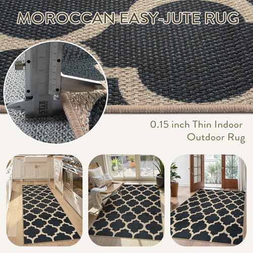 Lahome Moroccan Outdoor Rug 5x7, Easy Jute Black Washable Rugs for Patio Living Room, Geometric Trellis Woven Area Rug Non Slip for Backyard, Thin Non Shedding Farmhouse Carpet for Bedroom - Image 5