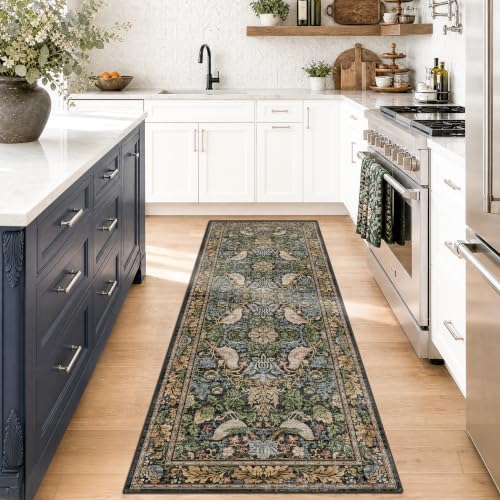 Floral Kitchen Runners - 2x6 Runner Rug for Hallway Bathroom Laundry Room Bedroom Beside Bed Entryway, Boho Leaves Patterned Non Slip Low Pile Washable Rugs by HazoHaus