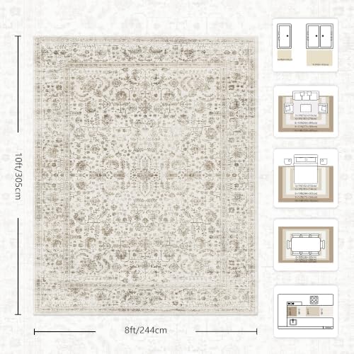 8x10 Area Rugs for Living Room, Washable Vintage Retro Floral Rug, Low Pile Non Slip Distressed Large Carpet for Bedroom, Dining Room, Office, Home (Brown) - Image 2