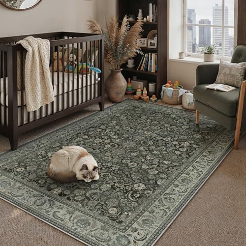 PureCozy Black Area Rug 5x7 Living Room Vintage Floral Non-Slip Carpet by PureCozy
