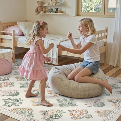 Wonnitar 5x7 Rug for Bedroom Decor, Washable Nursery Rug for Baby, Neutral Ultra-Thin Non Slip Floral Print Carpet for Kids Room Farmhouse Living Room Office, Cream Beige - Image 3