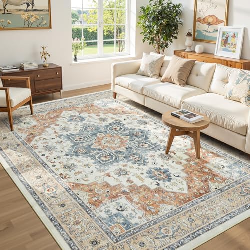 8x10 Area Rugs for Living Room, Boho Washable Rug Beige & Orange - Image 3