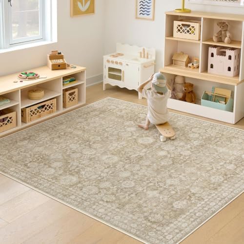6x9 Area Rugs for Living Room: Washable Vintage Floral Rug Low Pile Non-Slip Boho Carpet for Nursery Bedroom Dining Room (Brown, 6'x9') - Image 2