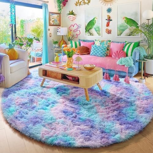 Amdrebio Purple Rainbow Mermaid Shag Round Rug 5Ft for Kids Girls Bedroom - Image 6