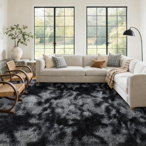 5x7 Fluffy Area Rugs Non-Slip for Living Room Bedroom Tie-Dyed Dark Grey - Image 4