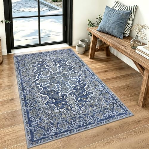 KUTA Vintage Rug 3x5 Area Rugs for Entryway Blue Beige Washable Kitchen Rug by KUTA
