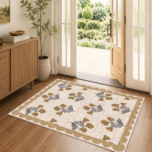 3x4 Floral Entry Rug - Small Washable Indoor Outdoor Mats for Front Door Non-Slip Porch Rug Beige Vintage Farmhouse Throw Rugs for Living Room Bedroom Entryway Kitchen Office Porch Decor by Othilic