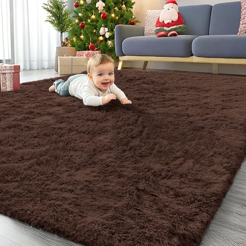 OLANLY 7x7 Machine Washable Large Area Rugs for Living Room, Bedroom, Soft Fluffy Shaggy Bedside Rug, Indoor Floor Carpet for Kids Girls and Boys, Dorms, Nursery, Home Decor Aesthetic, Coffee by OLANLY