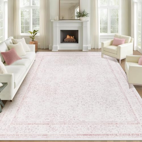 9x12 Area Rugs for Living Room: Washable Large Vintage Floral Rug Low Pile Non-Slip Boho Carpet for Bedroom Home Office Dining Room (Pink, 9'x12') by LOSBULAKE
