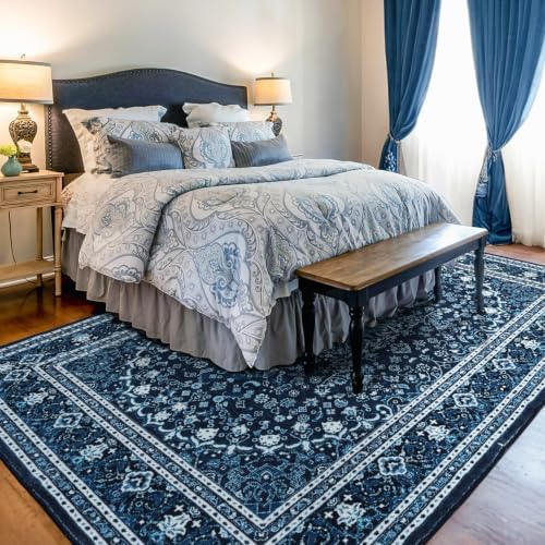 Lessymo Washable Area Rug 5x7 for Living Room, Soft Bedroom Rugs Blue White - Image 3