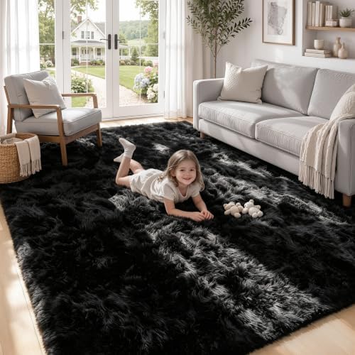 6x9 Area Rugs for Living Room: Soft Black Fluffy Rug Shag Washable Rug Plush Fuzzy Indoor Carpet for Bedroom Nursery Playroom Girls Boys Kids Room (Black, 6'x9') by ZomfyRugs