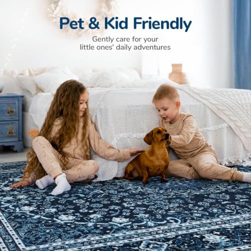 Lessymo Washable Area Rug 5x7 for Living Room, Soft Bedroom Rugs Blue White - Image 4
