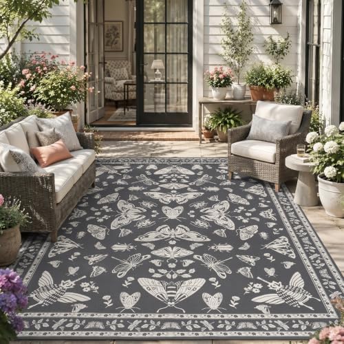 AMOAMI-Outdoor Rug-Patio Rug 5x8 ft Quick Dry Machine Washable Flatweave Textured Outdoor Carpet with Rubber Particles Backing Indoor Outdoor Rug for Patio Deck Front Porch Balcony Greyish Black by AMOAMI