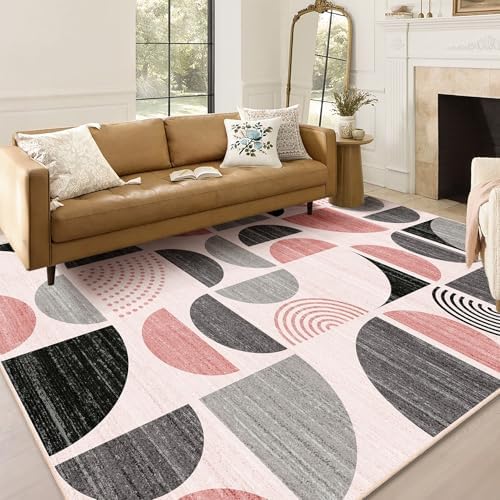 MUJOO Pink Rug Washable,5x7 Area Rugs Non Slip Modern Abstract Boho Large - Image 4