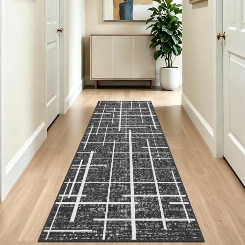 Gray 2x6 Runner Rug Non Slip, Modern Distressed Stripe Carpet Runners for Hallway 6ft, Low Pile Stain Resistant for Entryway Laundry, Washable & Easy to Clean Carpet - Image 2