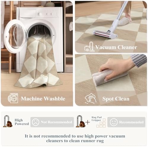 Beeiva Checkered Print Washable Runners for Hallways 2x4, Ultra Thin Beige Small Rugs for Entryway Low Pile Non Slip Bathroom Rug, Modern Geometric Decor Neutral Throw Rug for Kitchen Laundry Bedroom - Image 6